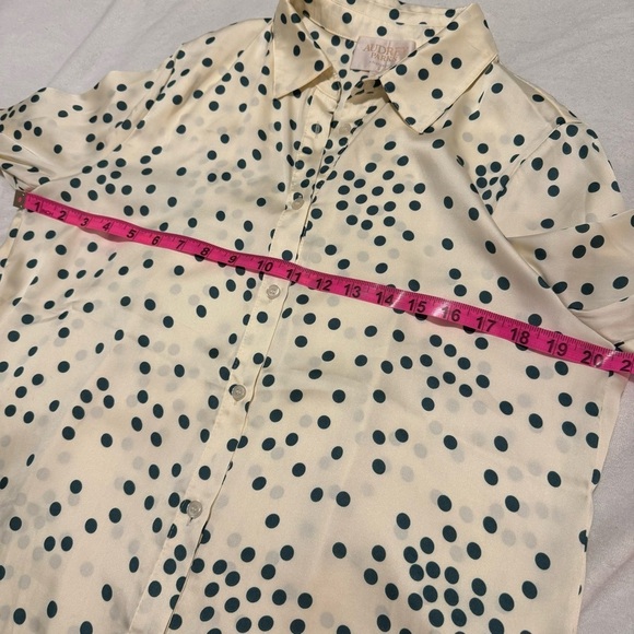 Francesca’s Audrey Parks Satin Button Down Blouse in Cream & Forest Green - Picture 5 of 9